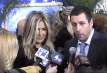 Jennifer Aniston and Adam Sandler Are Shocked by the Size of an Australian Reporter jennifer aniston and adam sandler discover a gigantic australian reporter