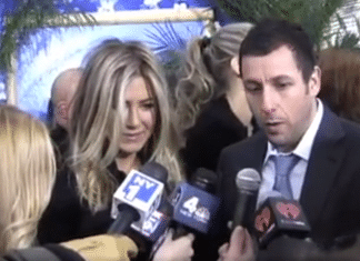 Jennifer Aniston and Adam Sandler Are Shocked by the Size of an Australian Reporter jennifer aniston and adam sandler discover a gigantic australian reporter